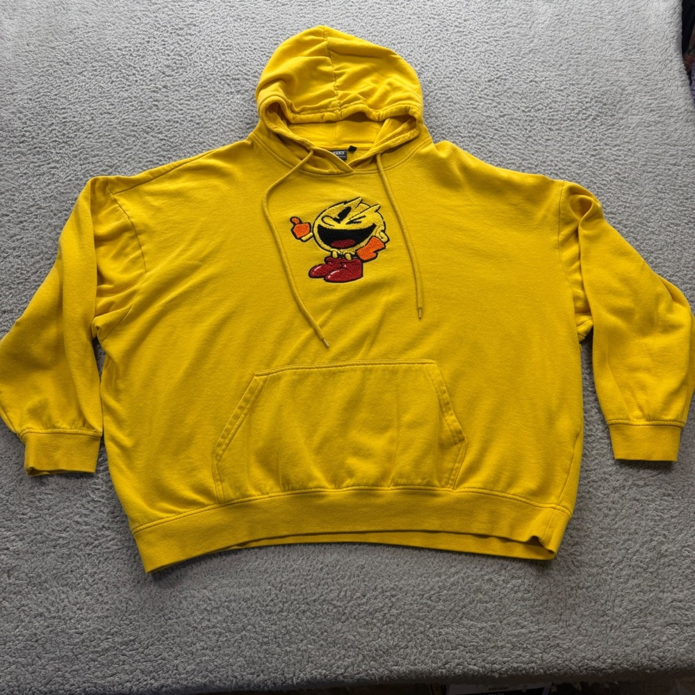 Pac-Man Hoodie Mens 3XL Yellow Patch Pullover Retro Gaming Bandai Namco - Picture 1 of 7